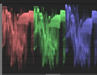 A screenshot of the adjusted RGB parade, in which the colors are visibly more balanced