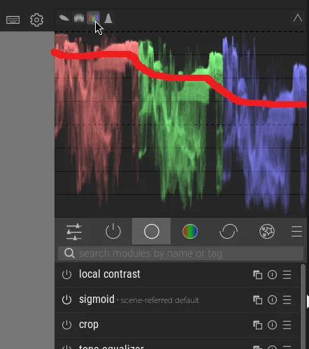 Screenshot of an RGB parade visualization, with a line showing the imbalance between the different primary colors