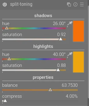 A screen capture of the split-toning module in Darktable