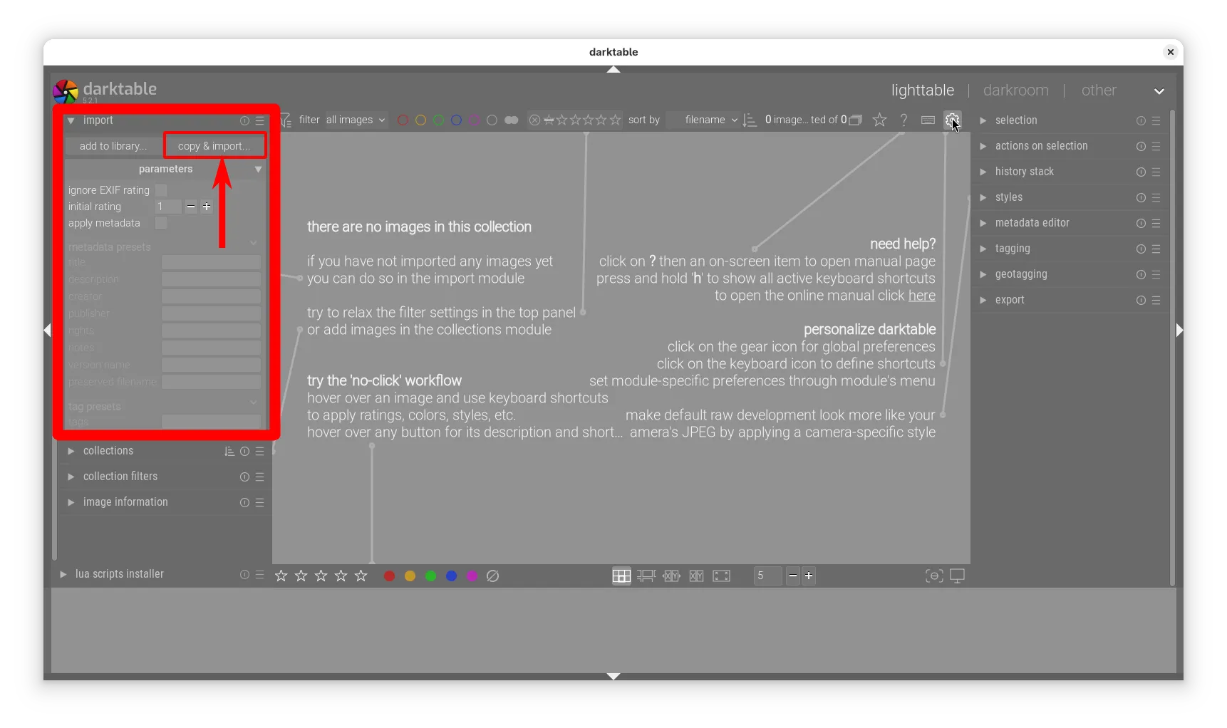 A screenshot of the Darktable UI, prominently displaying the copy & import button