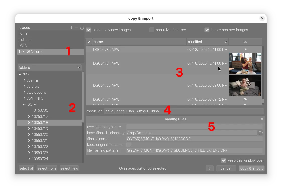 The Darktable copy & import dialog box with each step clearly labeled