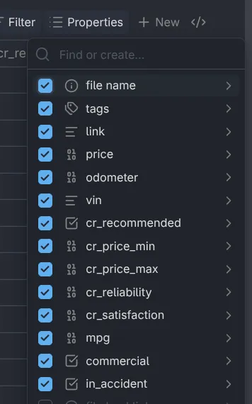 Screenshot showing properties dropdown in Obsidian Bases