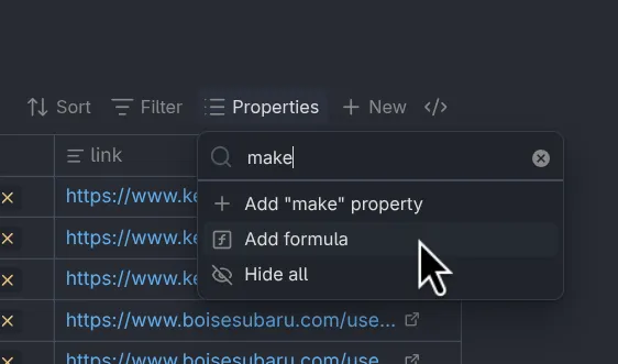 Screenshot of Obsidian Bases showing how to create a formula