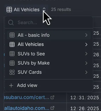 Screenshot showing the Obsidian Bases view selection menu
