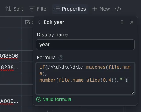 Screenshot of Obsidian Bases showing how to edit a formula