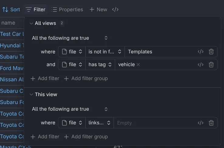 A screenshot showing Obsidian Bases filter options