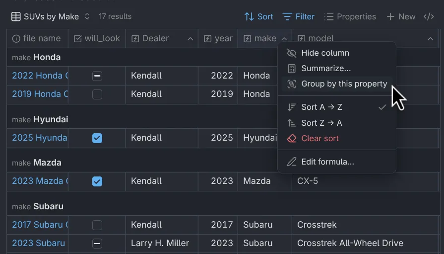 Screenshot of Obsidian Bases context menu on a header with Group by option highlighted