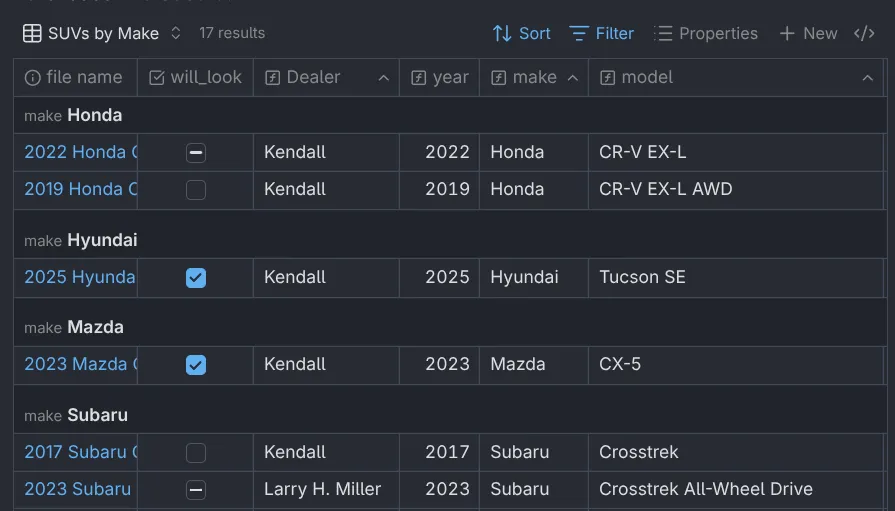 Screenshot of Obsidian Bases table using the grouping function