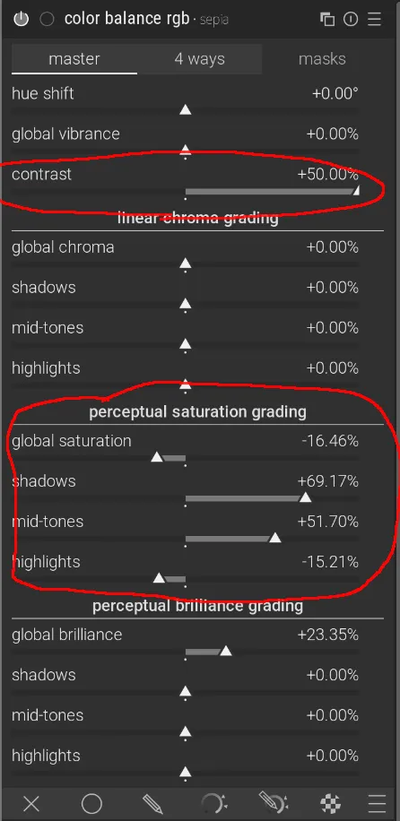 A screenshot showing the Color Balance RGB module’s settings for increased contrast.