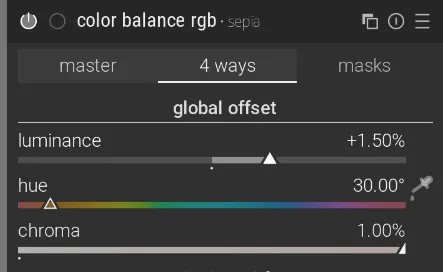 A screenshot showing the Color Balance RGB module with the global color offset set to 30° hue and 1.00% chroma