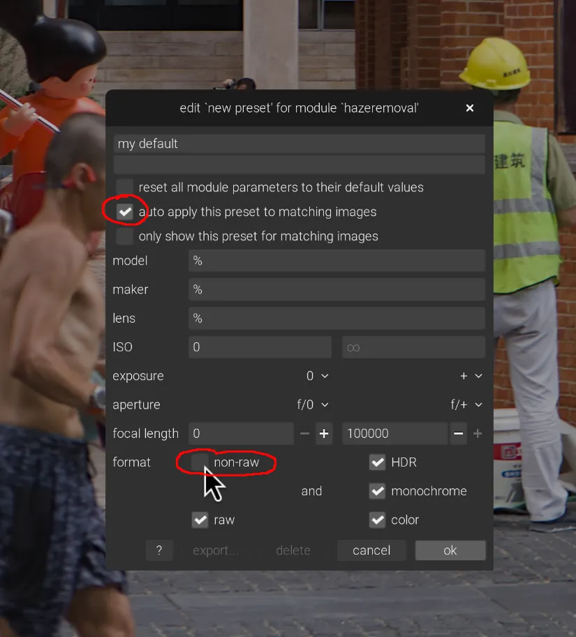The “store new preset…” dialog in Darktable, with several options highlighted.