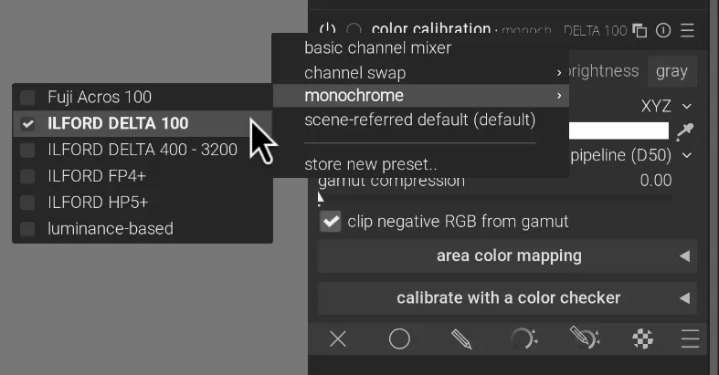 A screenshot showing the monochrome presets of the Color Balance RGB module in Darktable.