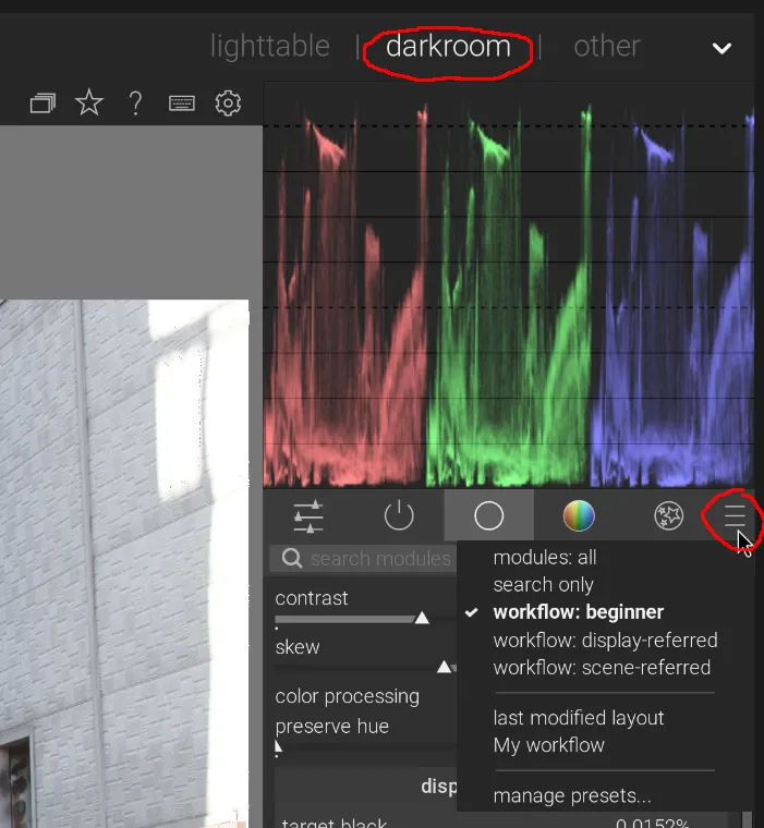 A screen capture showing the menu for selecting the module set in the darkroom interface.