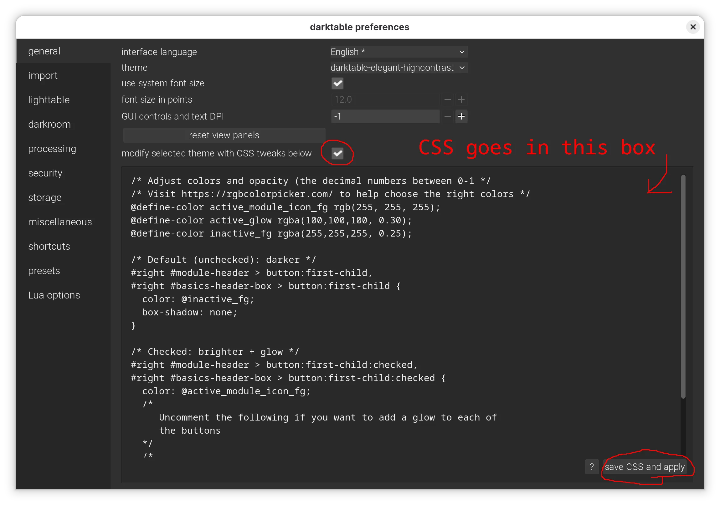 A screenshot labeled with the steps to add custom CSS to Darktable.