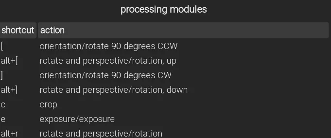 A screen capture showing the keyboard shortcuts for processing modules.
