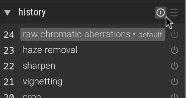 The Darktable history module, with the reset button highlighted.