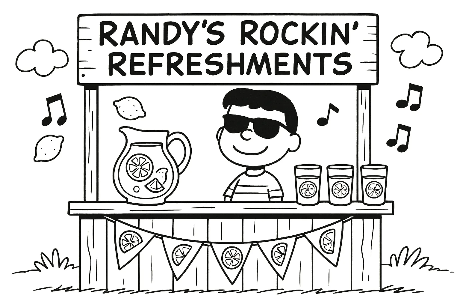 A cartoon drawing of a boy behind a lemonade stand with a sign saying “Randy’s Rockin’ Refreshments