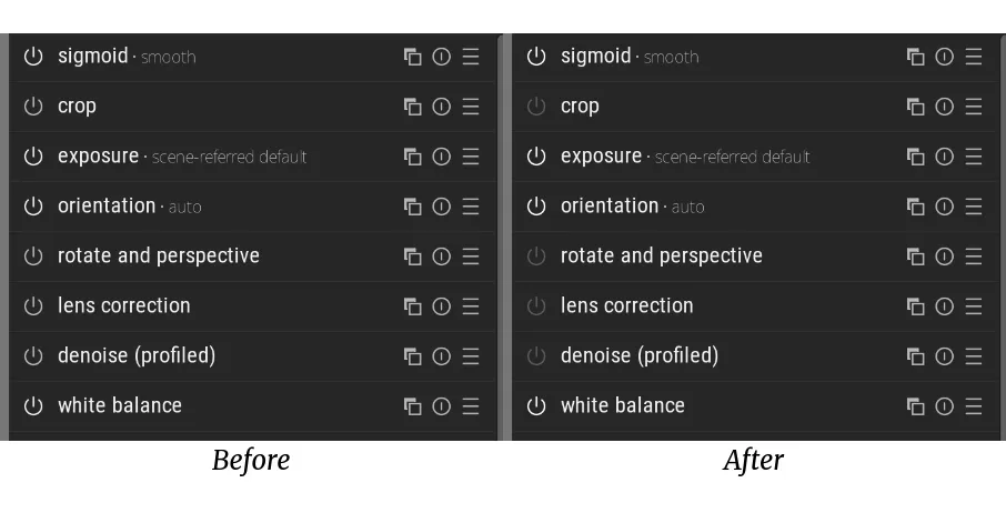 Two screen captures of the modules sidebar in Darktable, demonstrating the effect of the custom CSS.