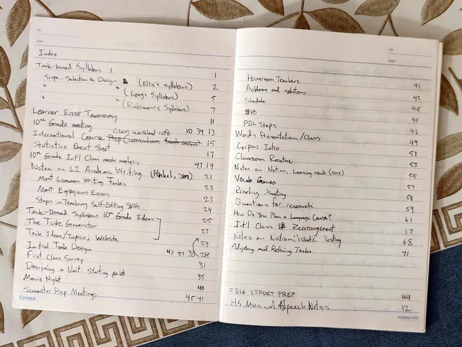 The index of my notebook on curriculum development