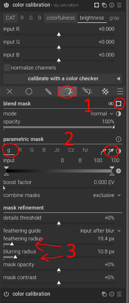 An annotated screenshot showing the process for applying a parametric mask.