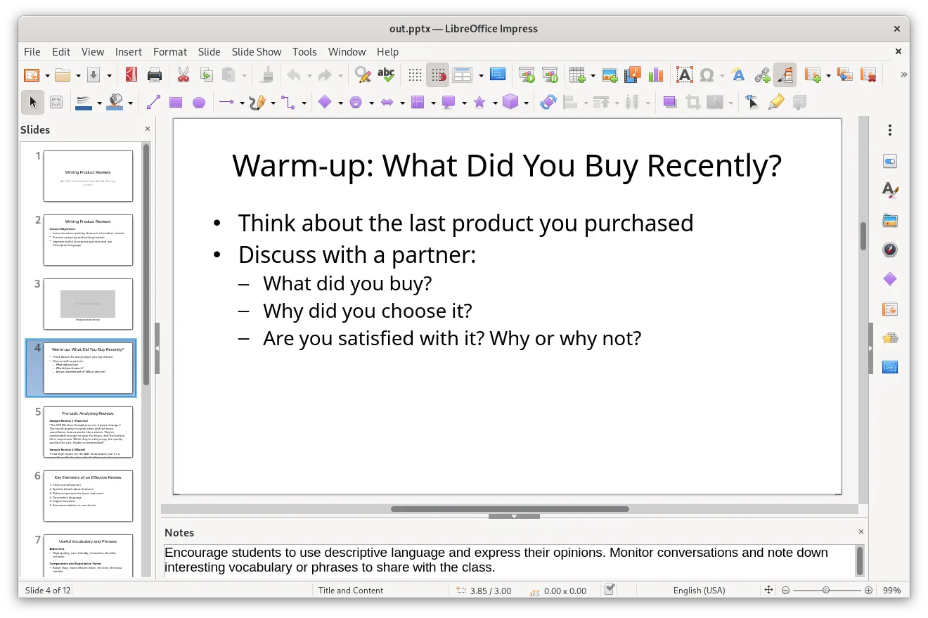 A screenshot of a slideshow program illustrating the results of Pandoc conversion