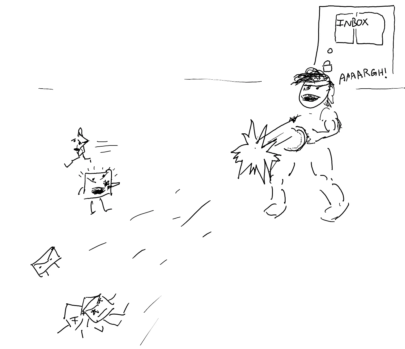 A drawing of a Rambo-like character shooting a machine gun at terrified anthropomorphic envelopes