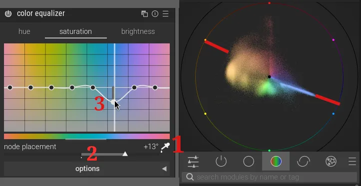 The color equalizer and vectorscope showing the effect of the adjustment