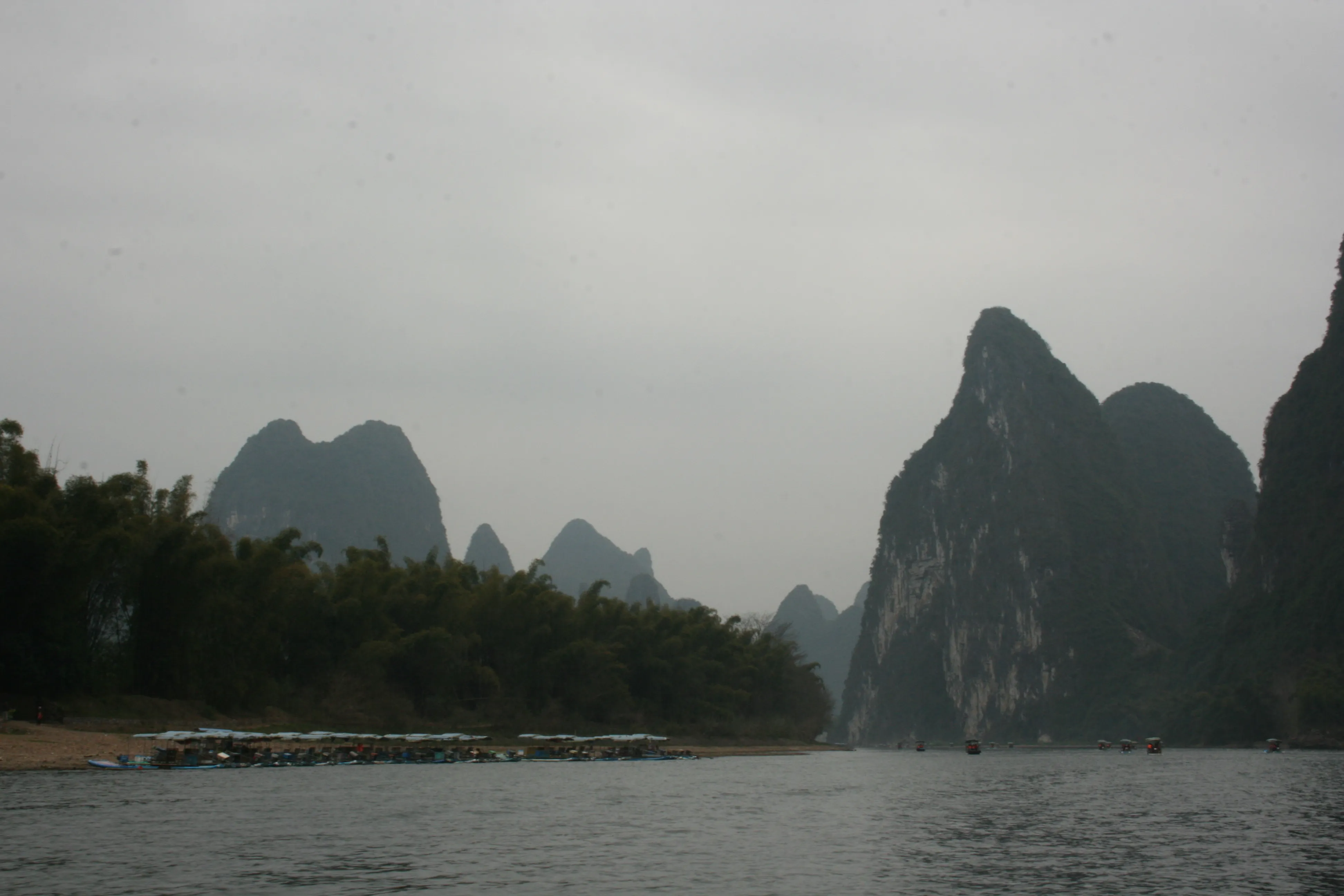 Karst mountains along a river in Yangshuo.